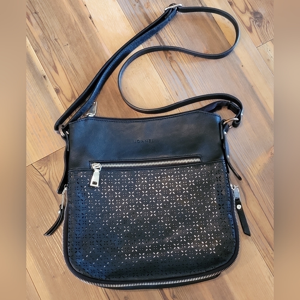 JOANEL Crossbody Bag, Faux Leather, Cutout and Zipper Detail, Black